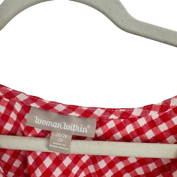 Woman Within Red Plaid 100% Cotton Button Front Blouse Cottage Womens 2x 26/28 - Picture 3 of 6